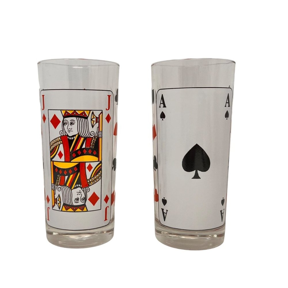 Set of 2 Playing Card Glass Tumblers‎ Ace of Spade Jack of Diamonds 12 oz Italy